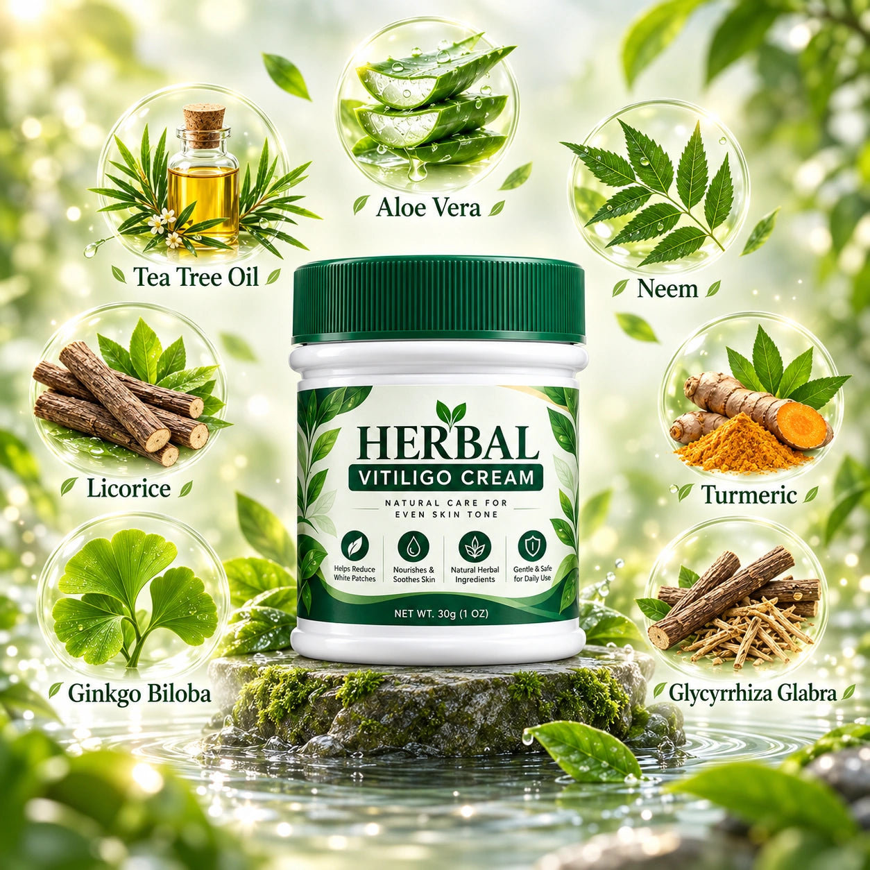 Botanical-themed ingredient artwork surrounding the herbal cream jar