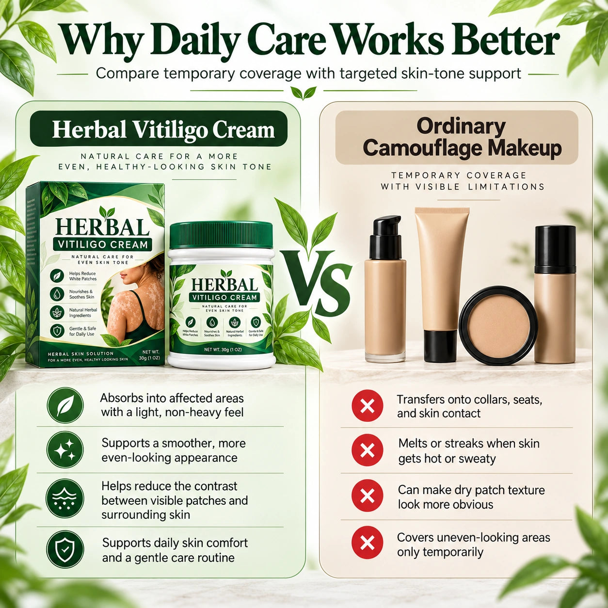 Promotional side-by-side chart comparing herbal cream imagery with camouflage makeup