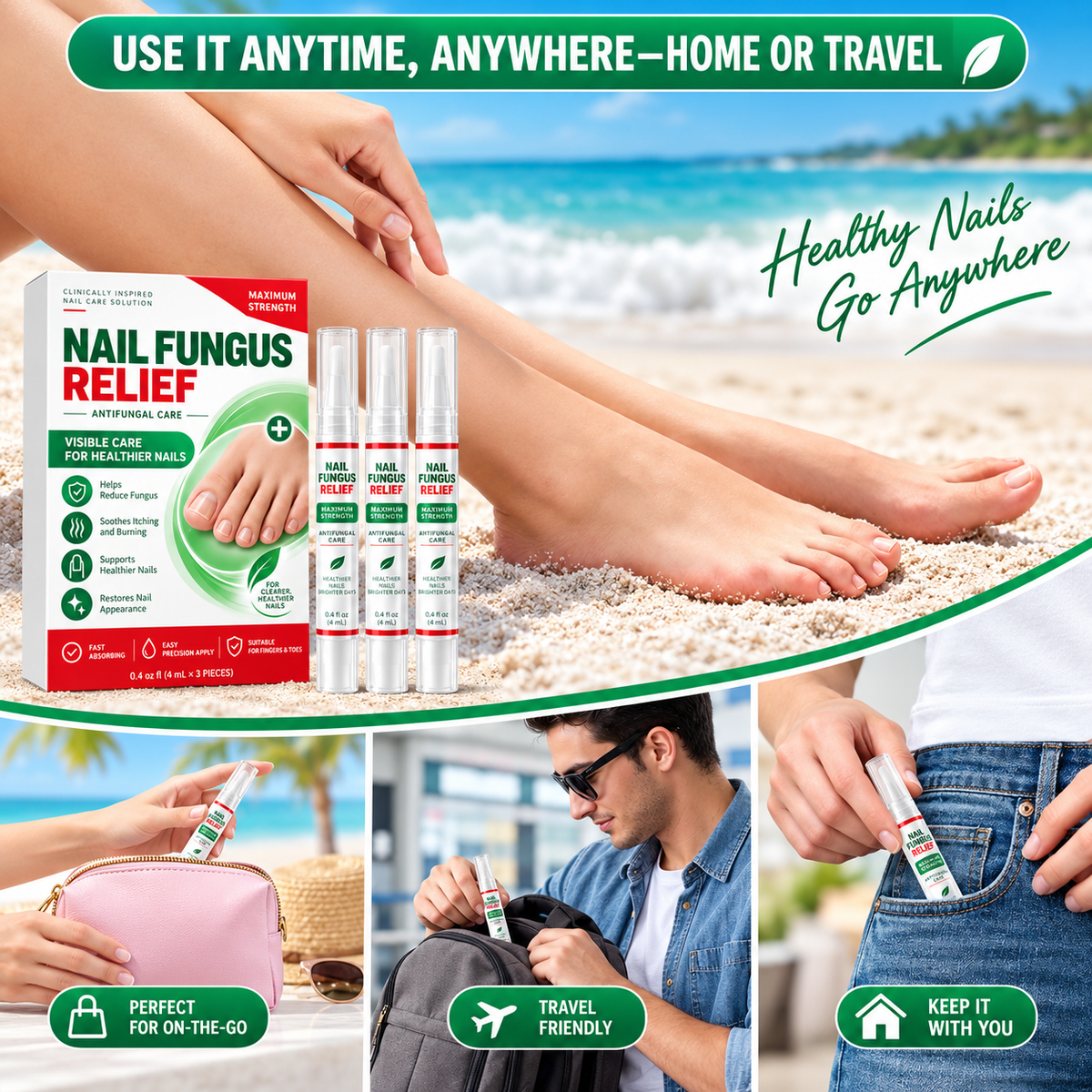 Travel-friendly nail care solution shown at the beach and on the go