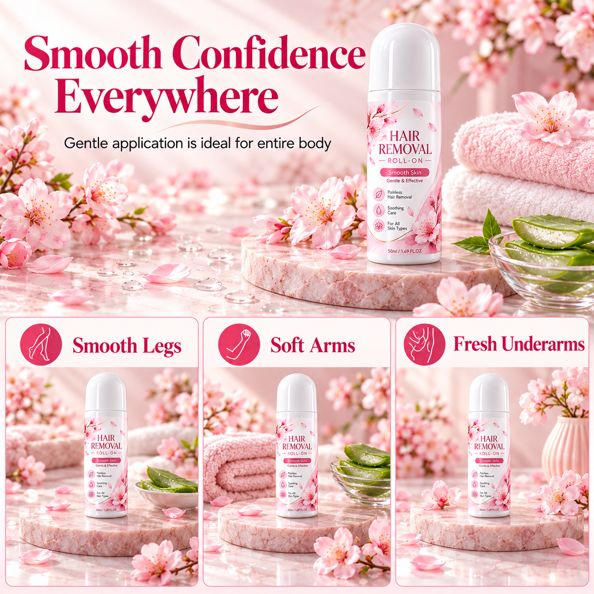 Four-part collage showing rollerball, cherry blossoms, transparent gel and aloe