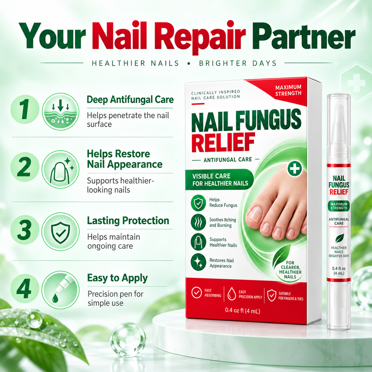 Nail care product with four highlighted routine benefits