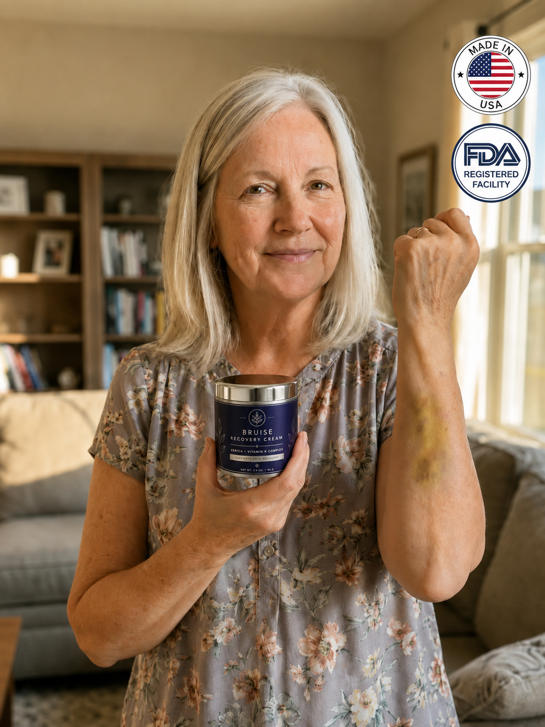 Woman holding Bruise Recovery Cream and showing her forearm