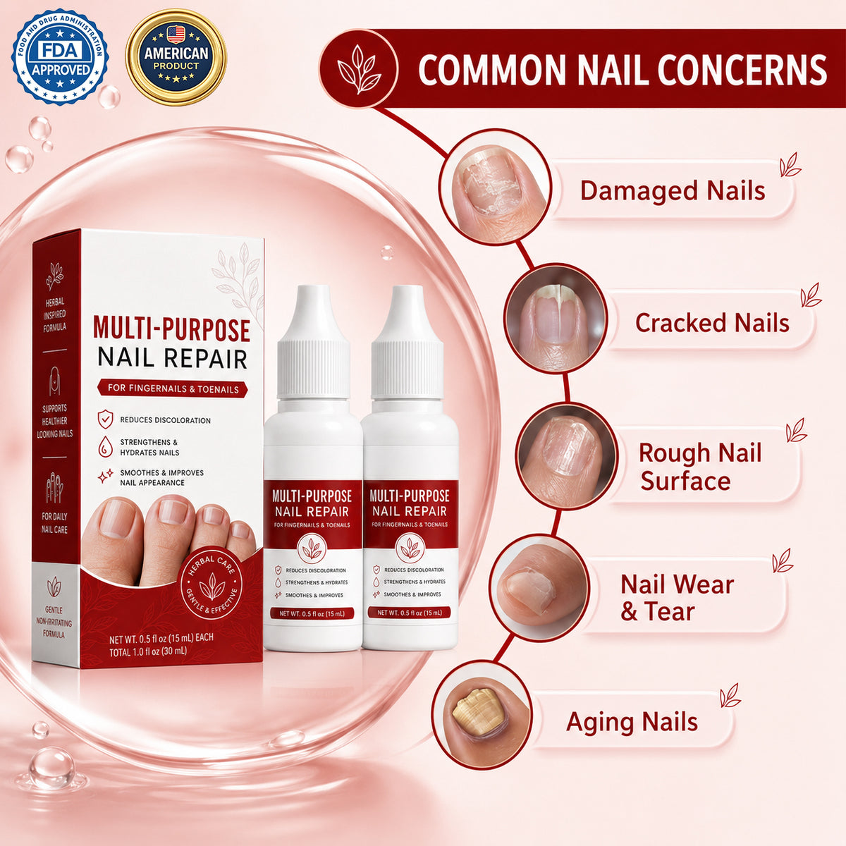 Common nail concerns including damaged, cracked, rough and aging nails