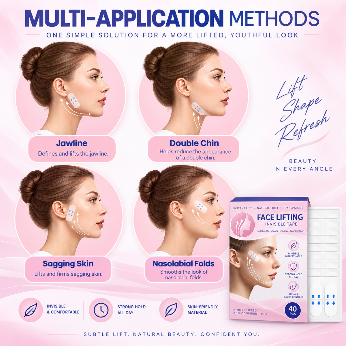 Face lifting tape placement methods for jawline, under chin, lower cheek and smile line area