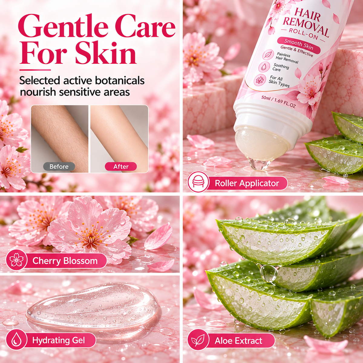 Floral roll-on with aloe and towels in a soothing lifestyle skin-care scene