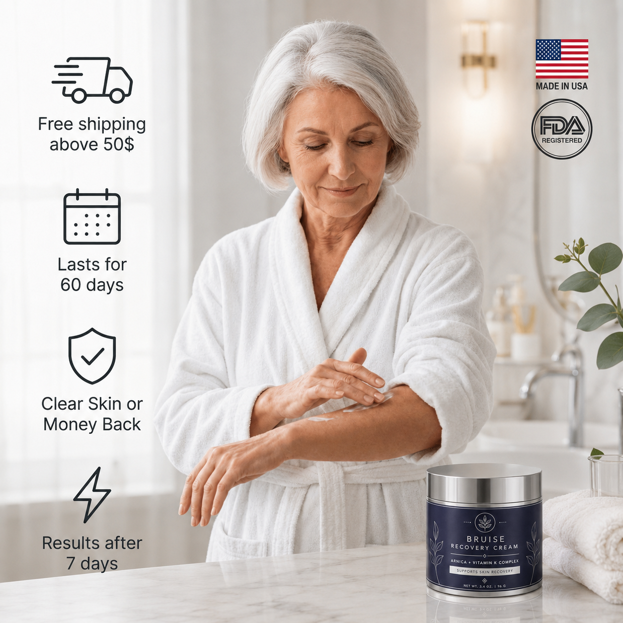 Woman applying Bruise Recovery Cream as part of a daily skincare routine