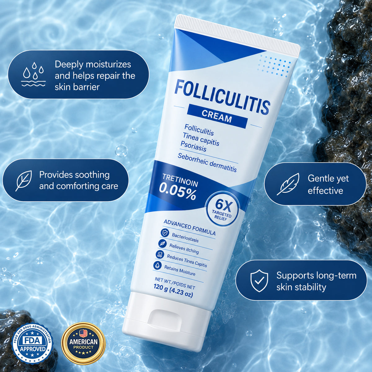 Product in a fresh water setting with comfort benefit callouts