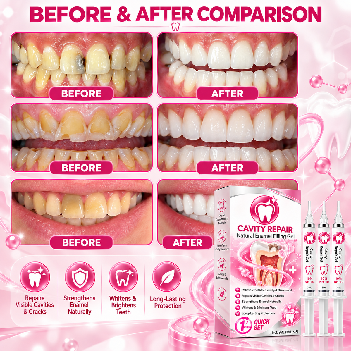 Before and after teeth comparison graphic with gel product