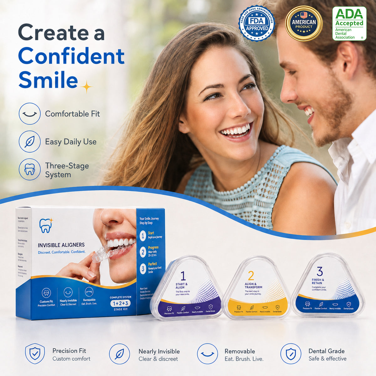 Three-stage orthodontic trainer set presented with a confident smile