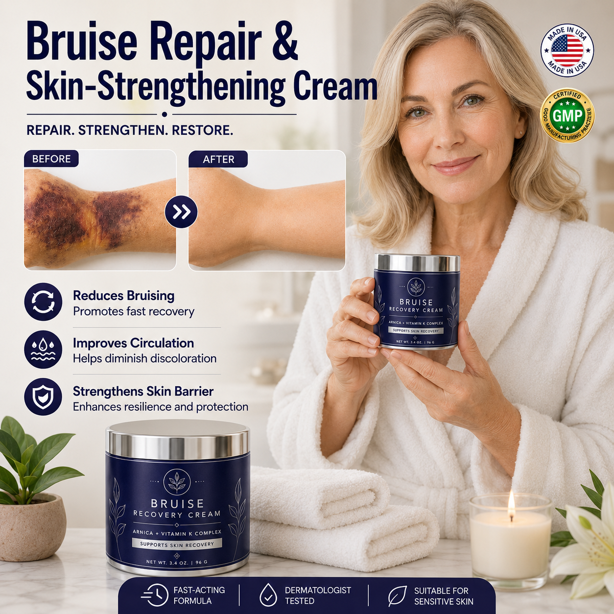 Bruise Recovery Cream benefits and mature woman holding the jar