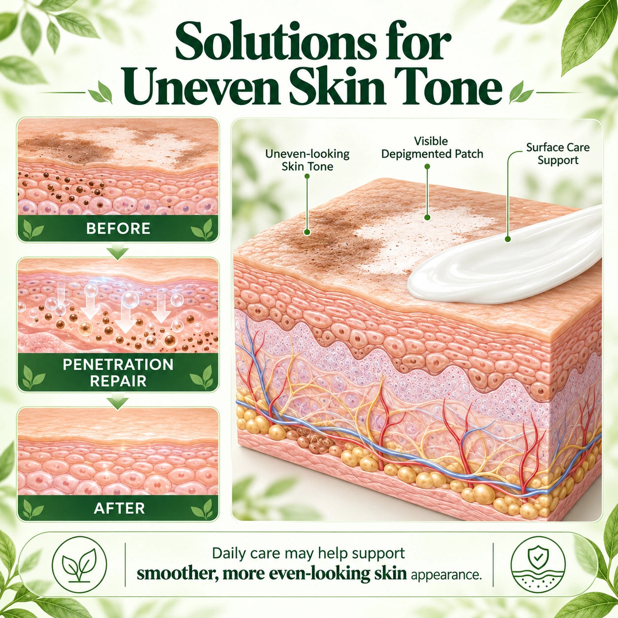 Three illustrated skin-layer stages alongside a diagram of topical cream application