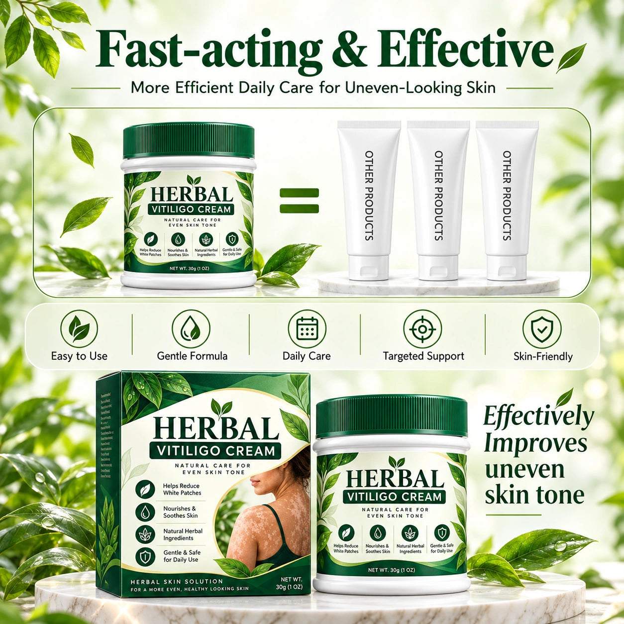 Green-and-white herbal cream promotional overview with five daily-care icons