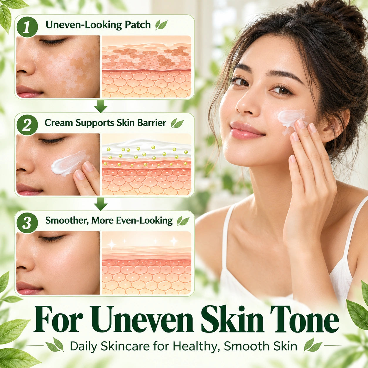 Woman gently applying white cream to her cheek next to illustrated skincare steps