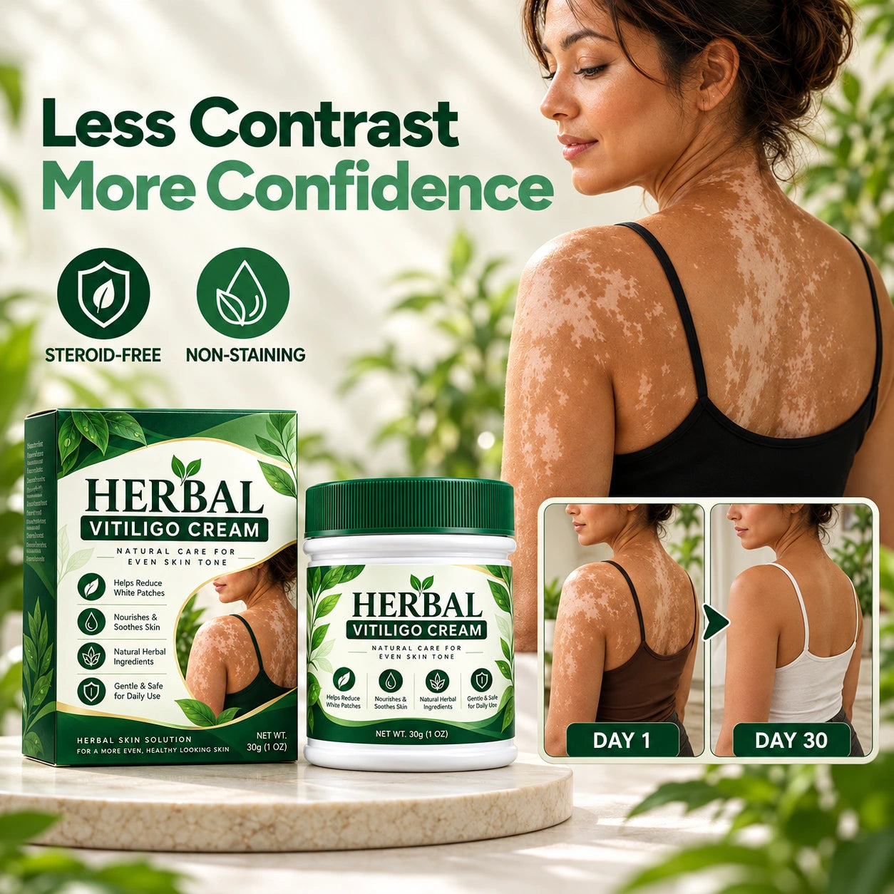 Woman displaying natural pigmentation differences in a green botanical confidence campaign