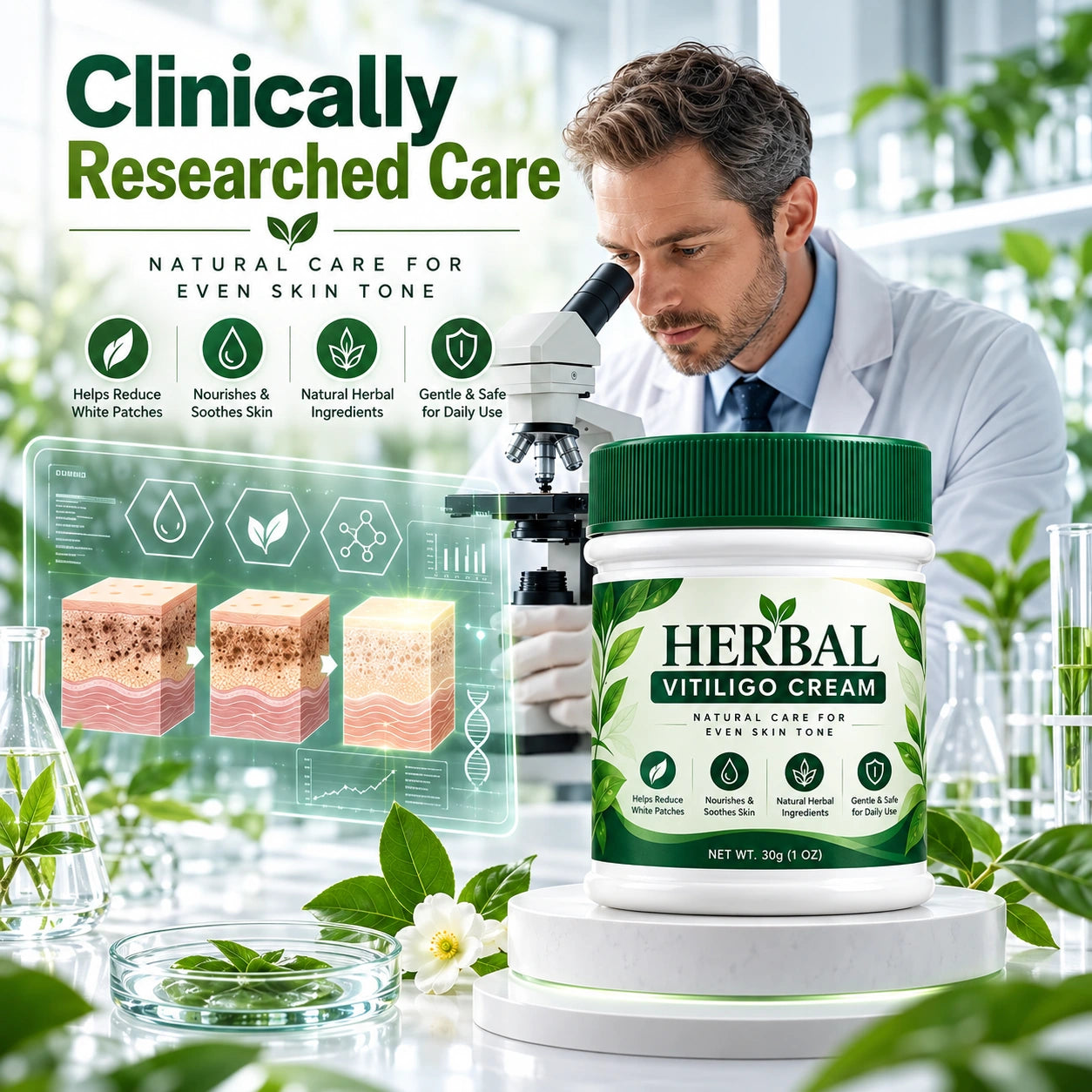 Laboratory-themed promotional graphic with scientist and herbal skincare jar